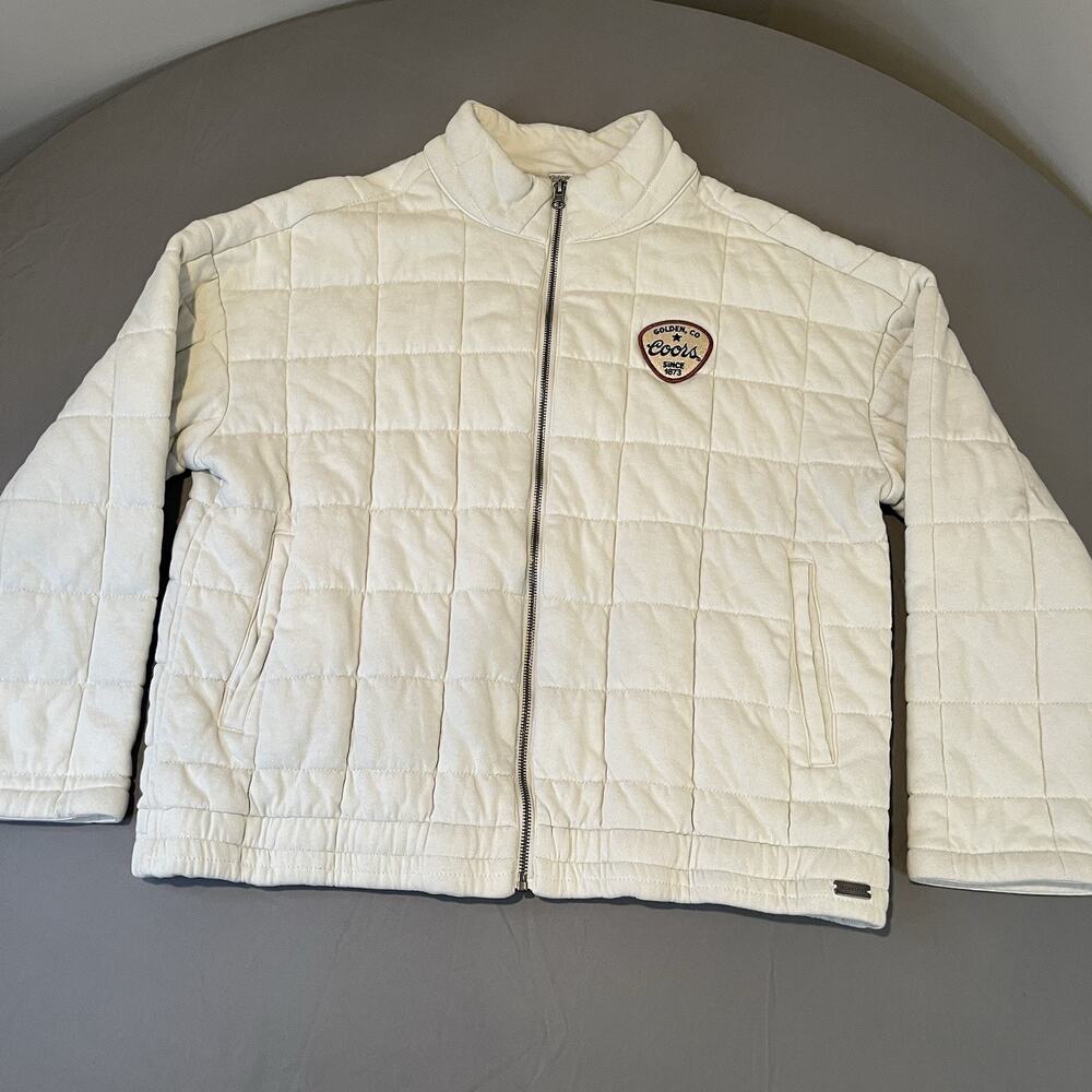 Techstyles Coors Beer Quilted Jacket Mens Large Full Zip White/Cream Patch